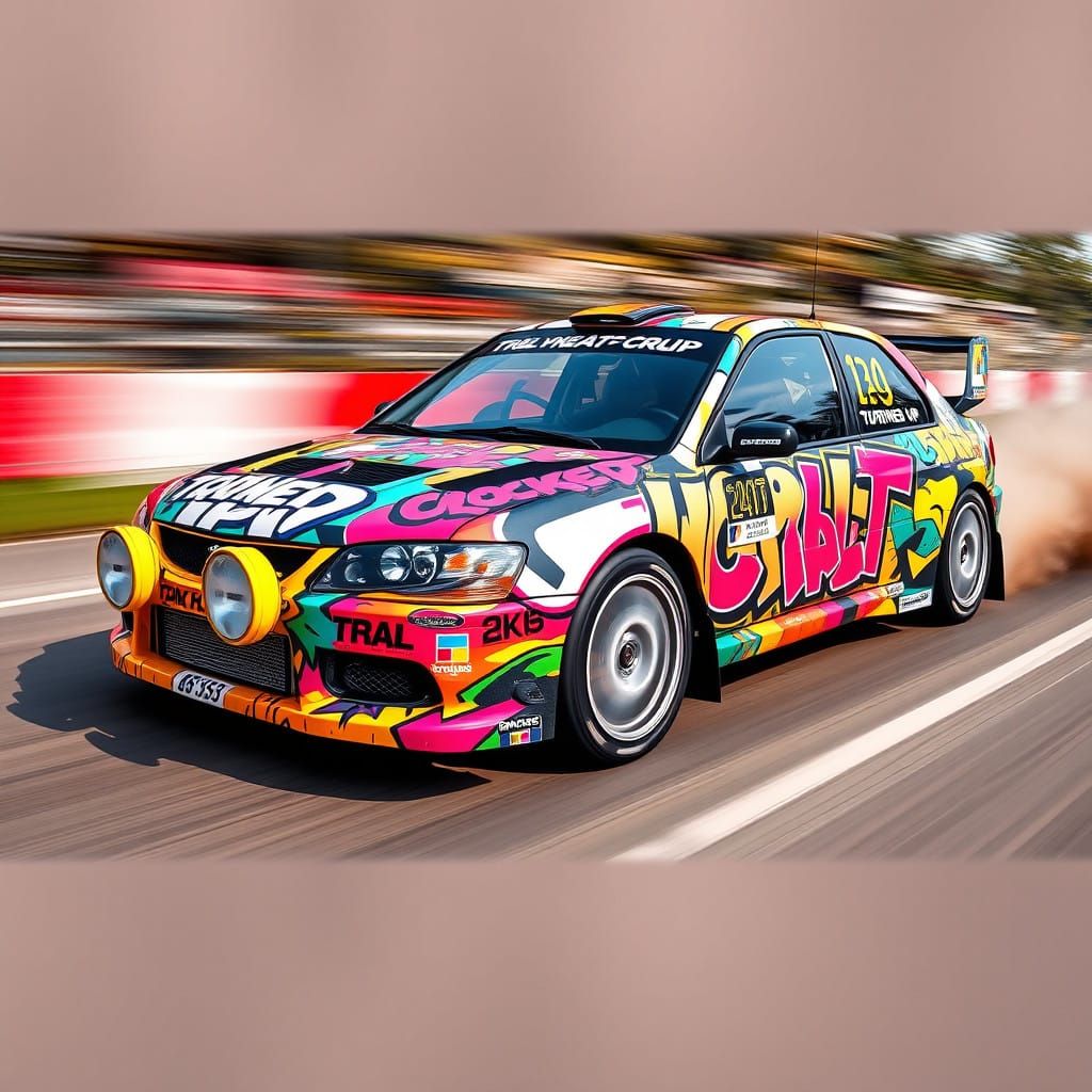 Rally car wrapped in "turned up clocked on laid off" artwork