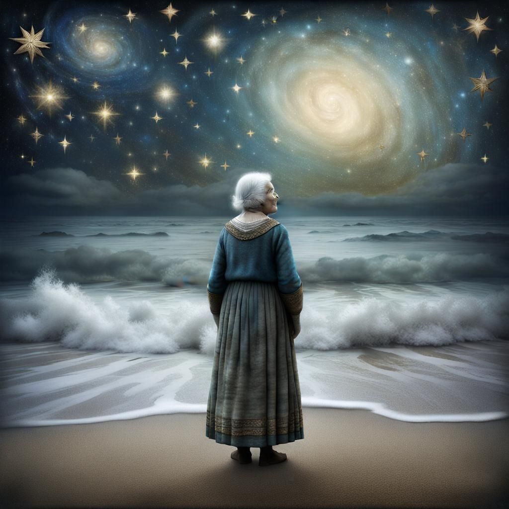 Woman Contemplates Starry Sky in Pre-Raphaelite Style