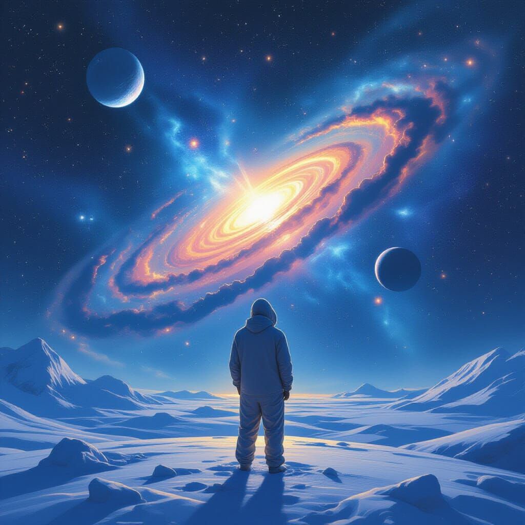 Hybrid Man Gazing at Solar System, Dreamy Sci-Fi Art