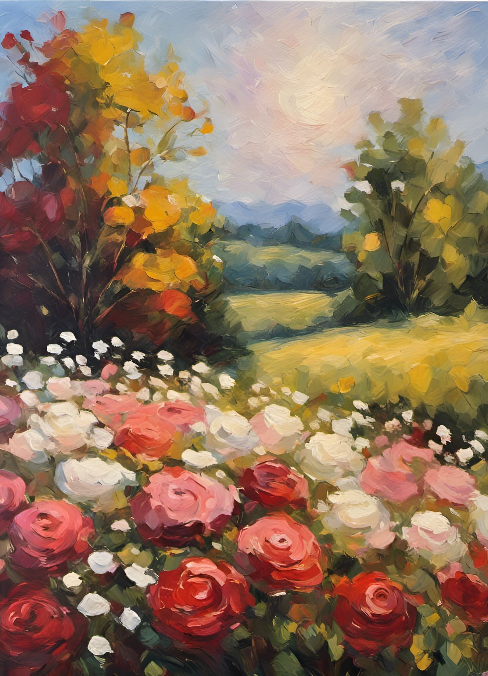 Impressionistic Roses and Queen Anne's Lace Landscape