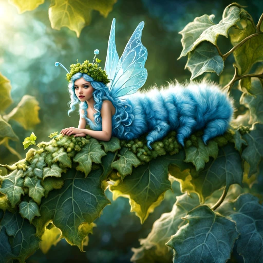 Ethereal Fairy Rides Fluffy Caterpillar on Ivy Branch