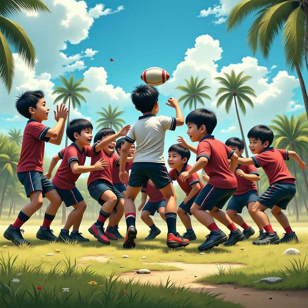 Indonesian Boys in Rugby Scrum with Hyperreal Detail