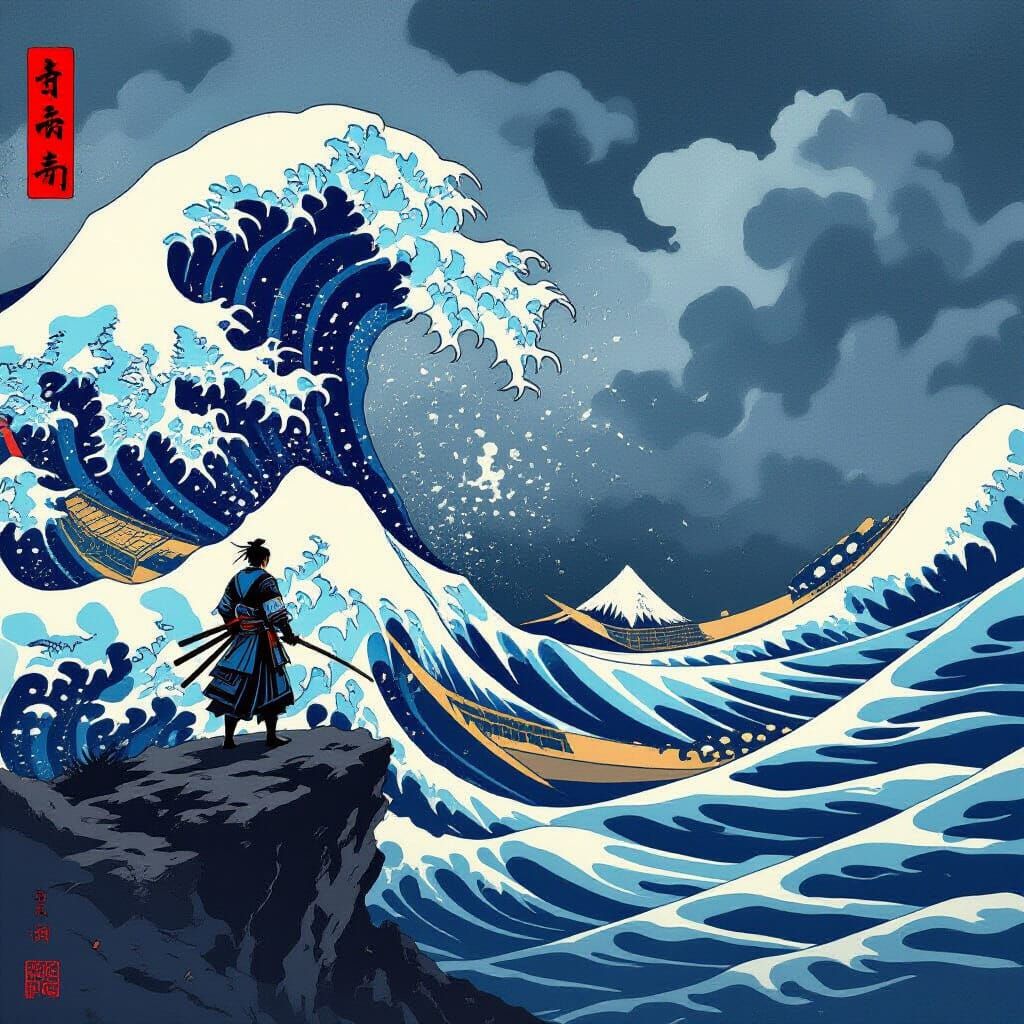 Samurai Warrior on Stormy Cliff Overlooking Sea