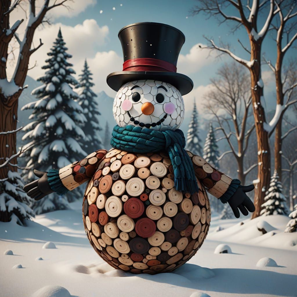 Snow man made out of wood circles. With a top hat made of wood. It has a scarf around the neck. detailed matte painting,...