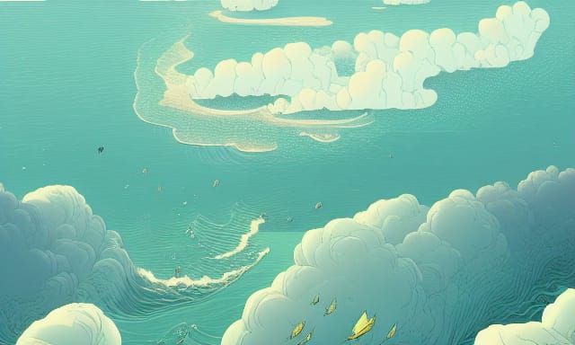 Ocean Coast Illustration with Vibrant Clouds