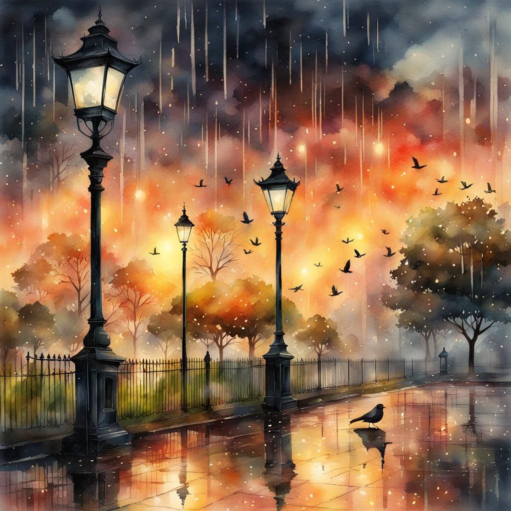 Watercolor Birds in Rainy Sunset Park