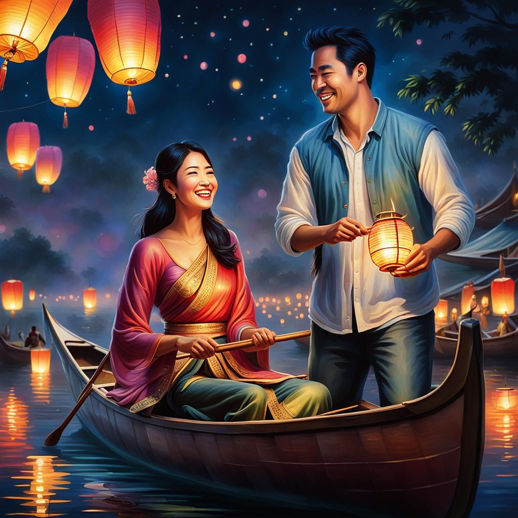 Thailand Lantern Festival: Couple in Canoe at Night