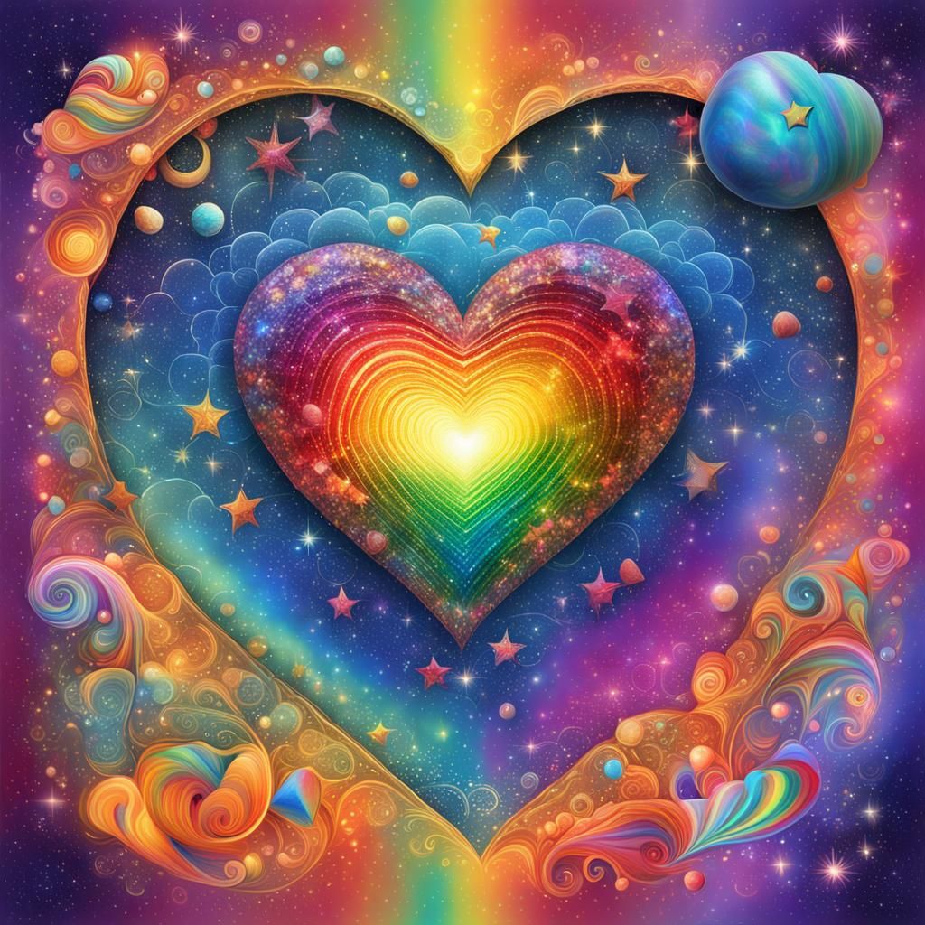 Holographic Rainbow Heart: Cosmic Mixed Media Art
