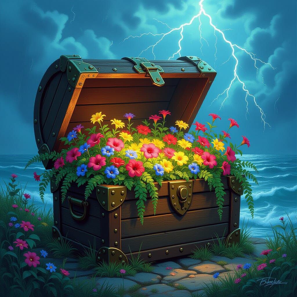 Garden Treasure Chest Amidst Stormy Seas
