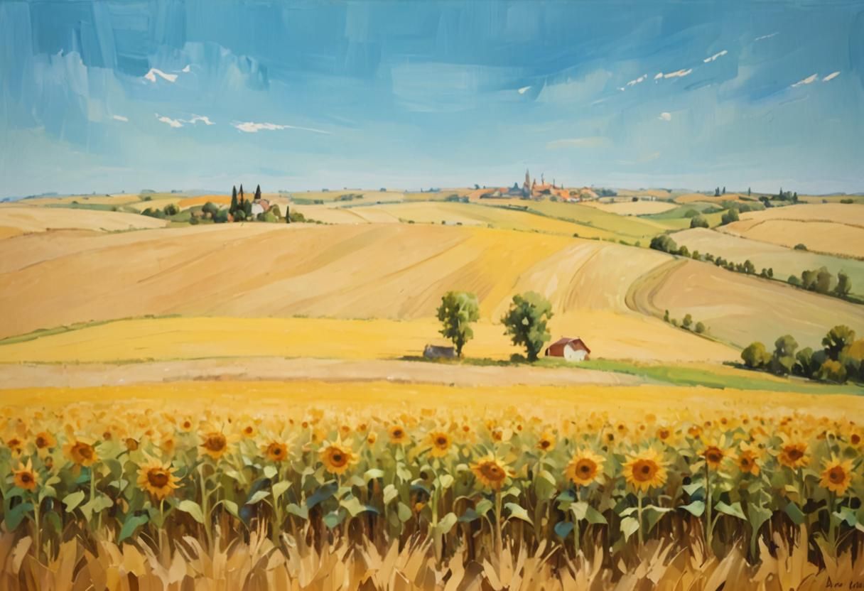 Surreal Sunflowers and Wheat Fields in Dreamlike Oil Paintin...
