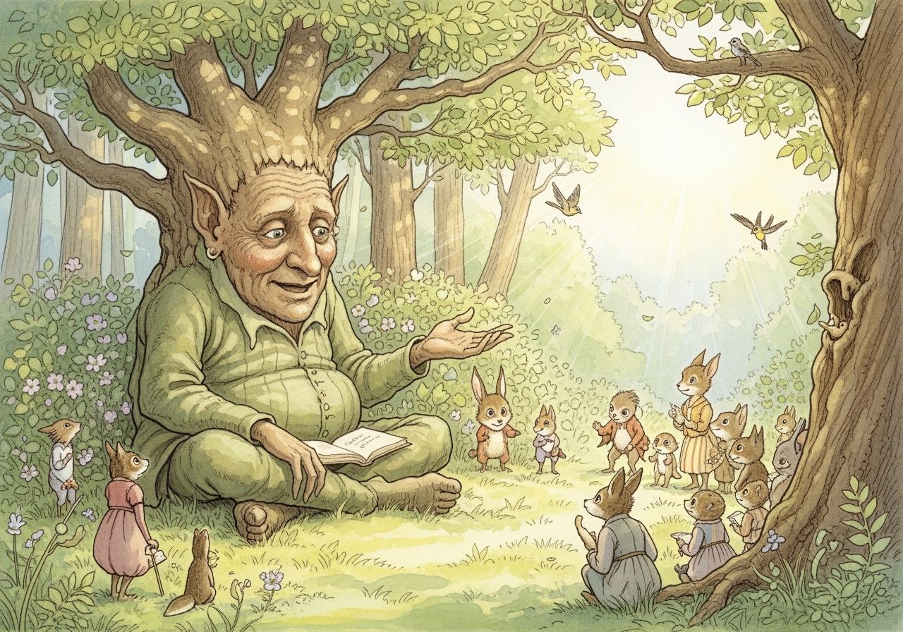 Wise Tree Ent Telling Stories in Dreamy Watercolor