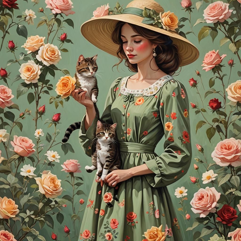 Woman with Cat and Roses as 3D Digital Art