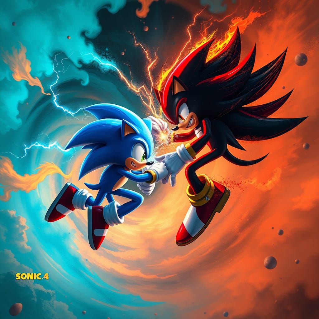 Sonic and Shadow Clash in Vibrant, Dreamlike Mid-Air Battle