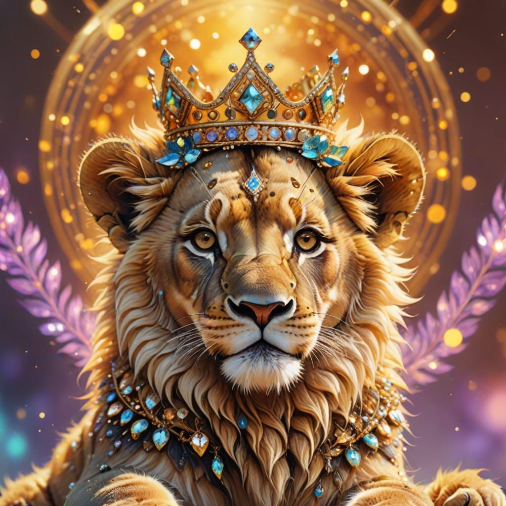 Adorable Baby Lion with Oversized Crown in Vibrant Anime Sty...