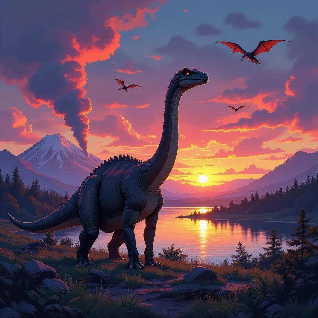 Alamosaurus in Prehistoric Landscape, Splash Art Style