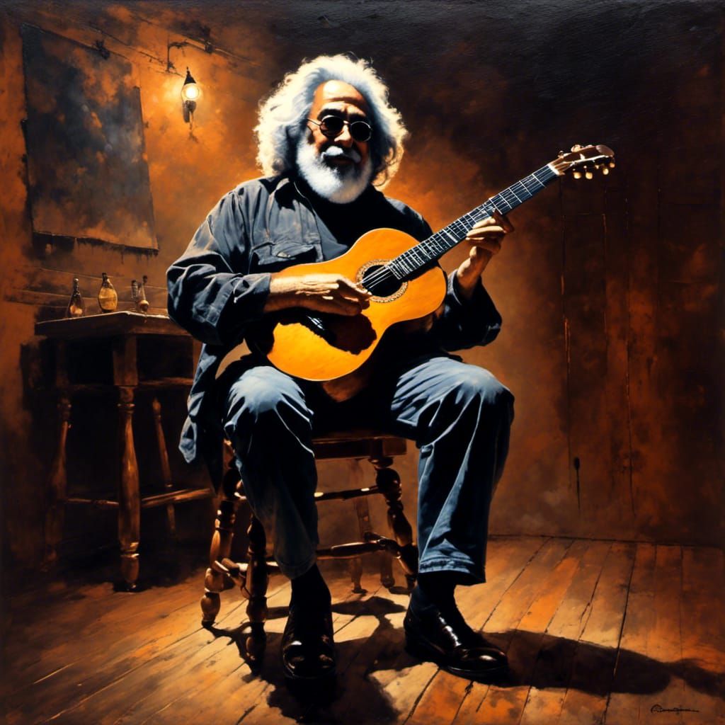 Jerry Garcia Moody Oil Painting with Guitar