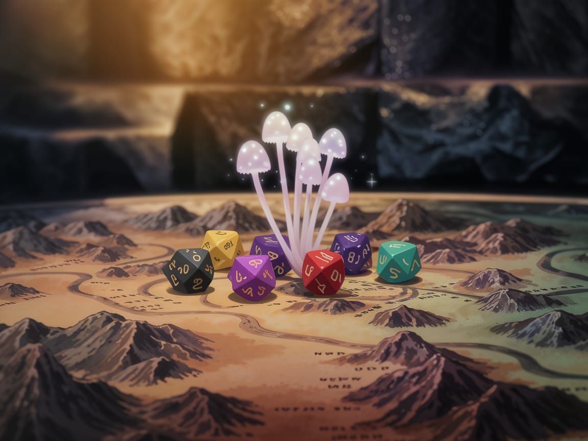 D&D Dice on Fantasy Map with Glowing Mushrooms