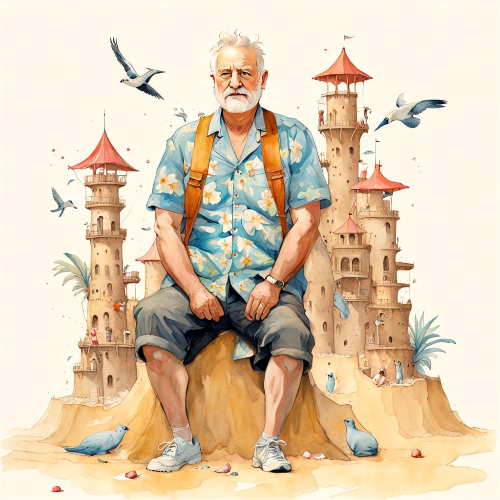 Dad and Sandcastle in Watercolor Painting Style