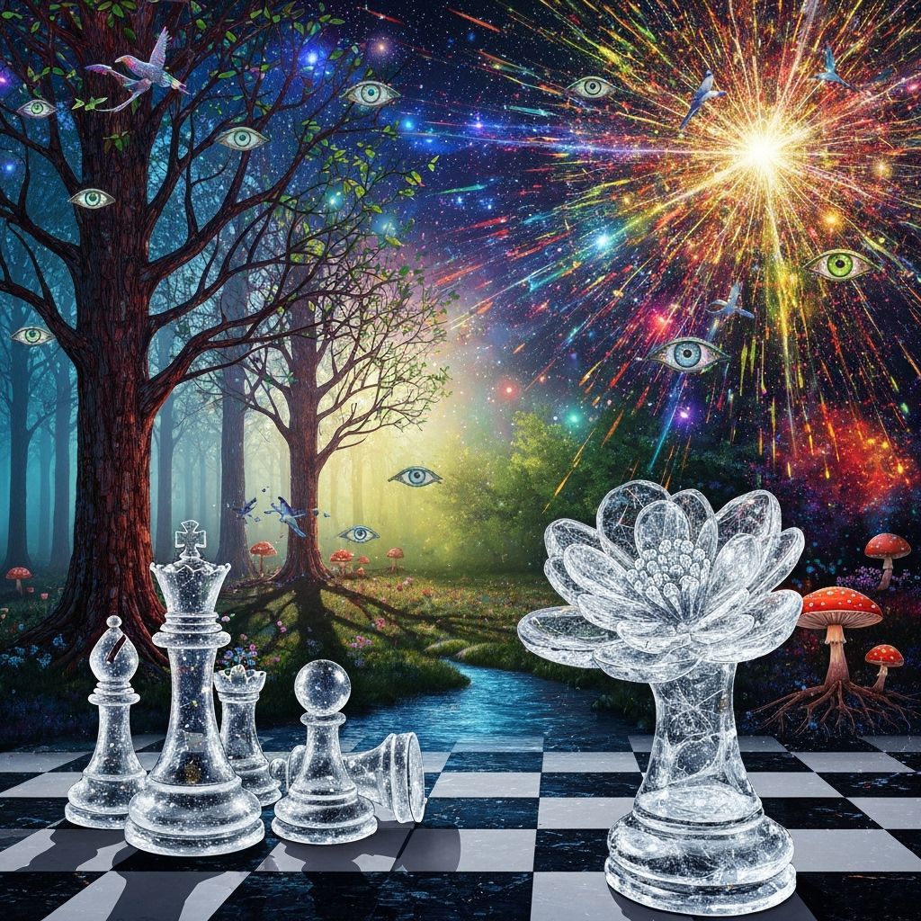 Stained Glass Forest Glade with Astral Sky and Chess Figures