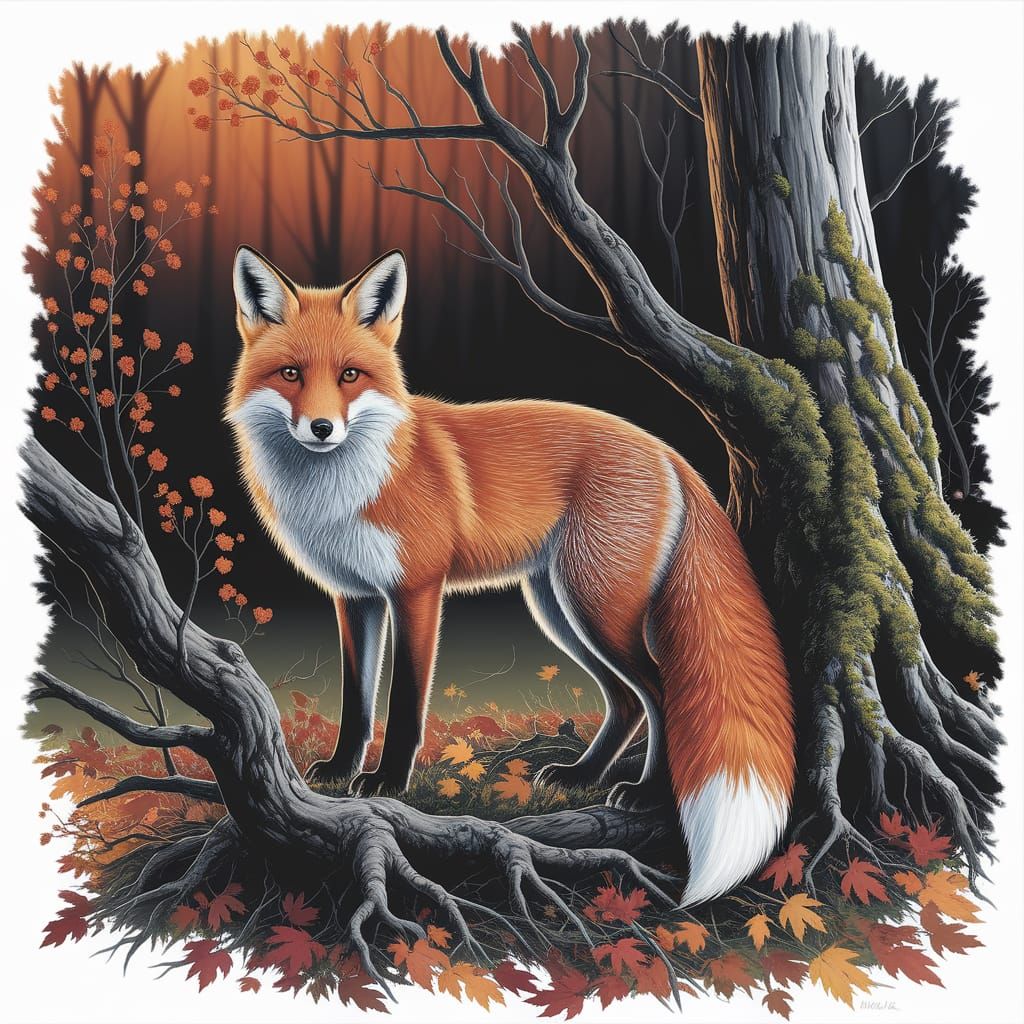 Red Fox in Autumn Woodland, Classic Painting