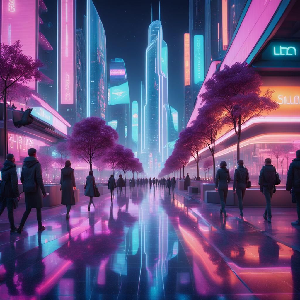 Epic Futuristic Cityscape with Neon Lights and Holographic D...