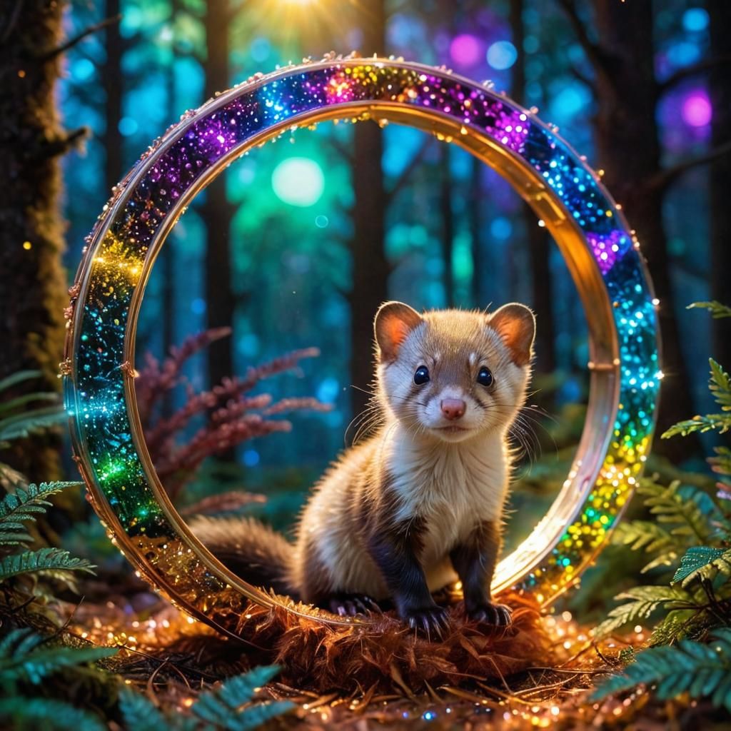 Doe-Eyed Ferret Cub in Iridescent Ring, 3D Render