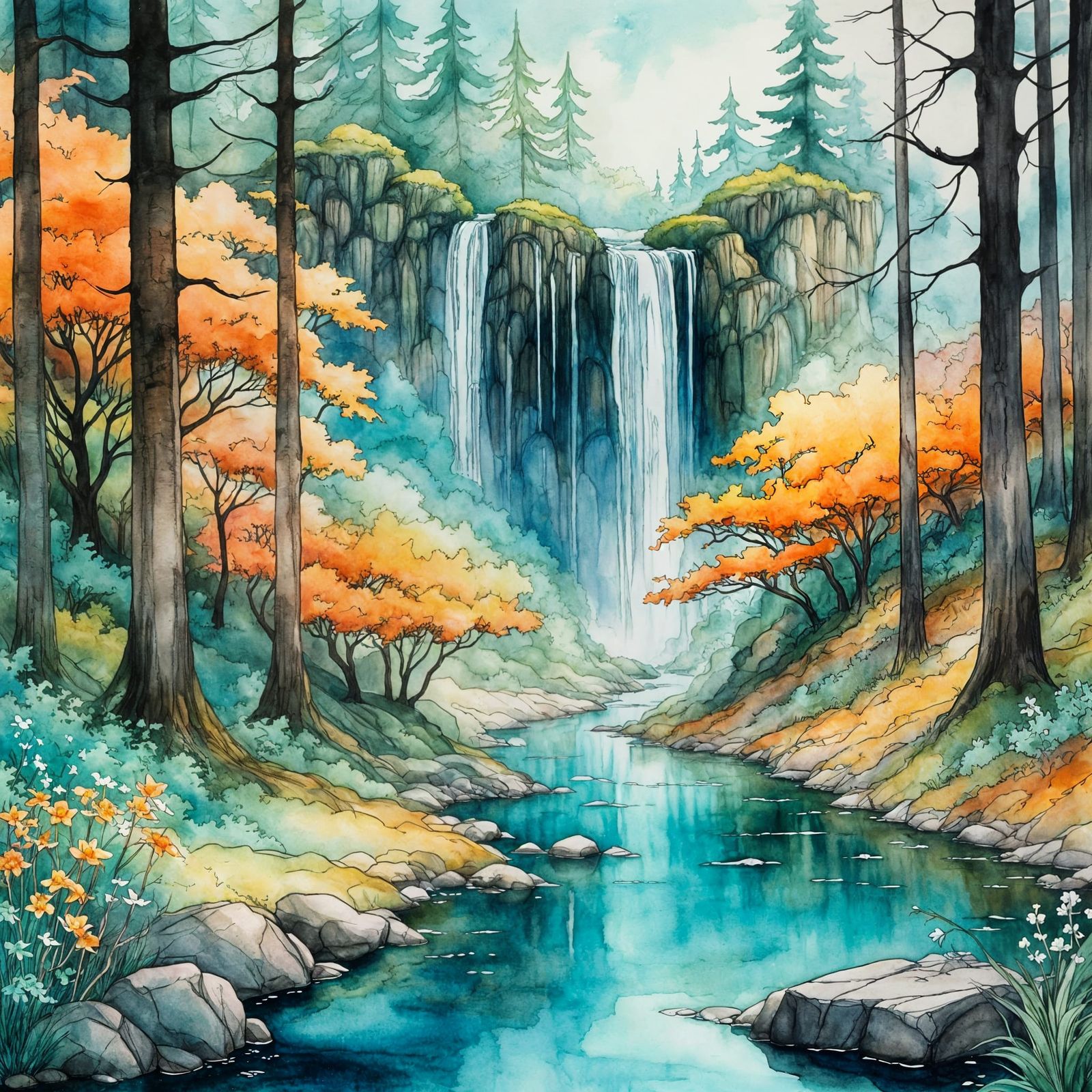 Ethereal Forest River Scene with Watercolor Techniques
