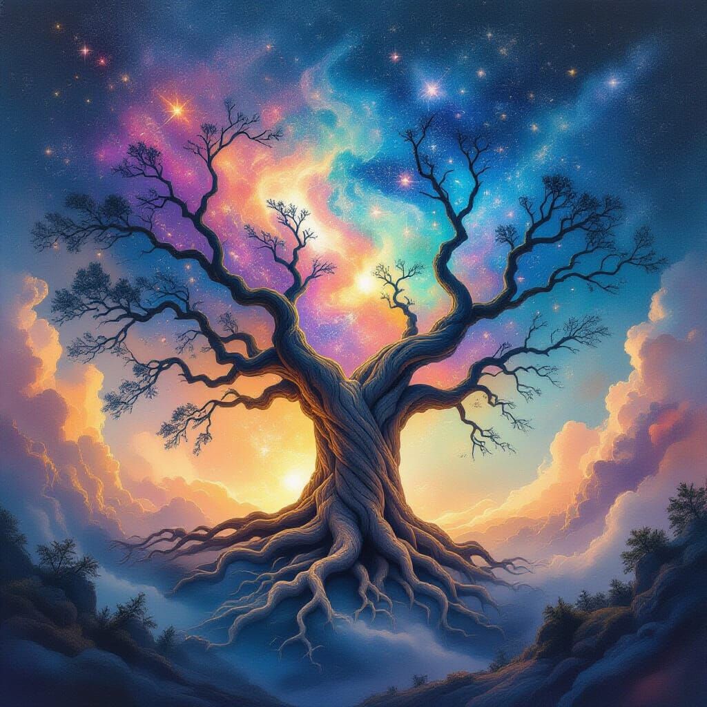 Cosmic Tree in Nebula: Ethereal Fantasy Watercolor