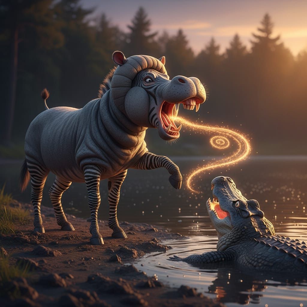 Zebra Hippo Hybrid Scares Alligator at Riverbank