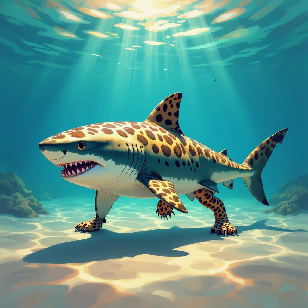 Mutated Shark with Leopard Features Swims in Sunlit Cove