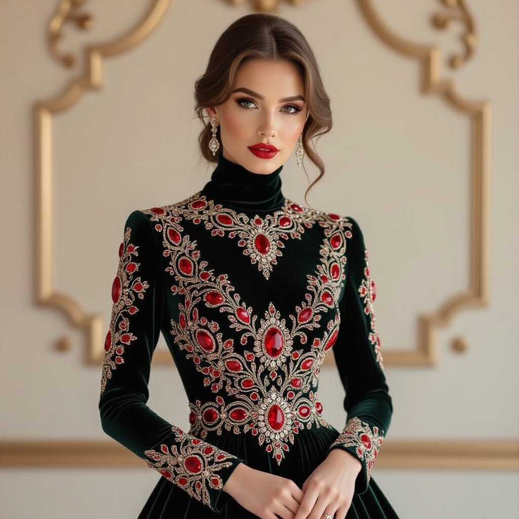 Elegant Woman in Diamond and Pearl Embroidered Gown