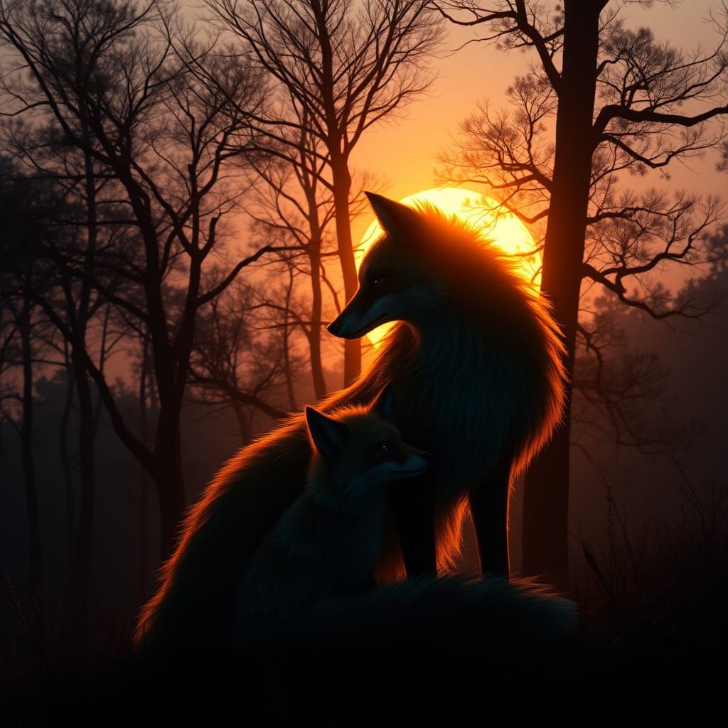 Mystical Fox Mother at Sunrise in Detailed Matte Painting St...