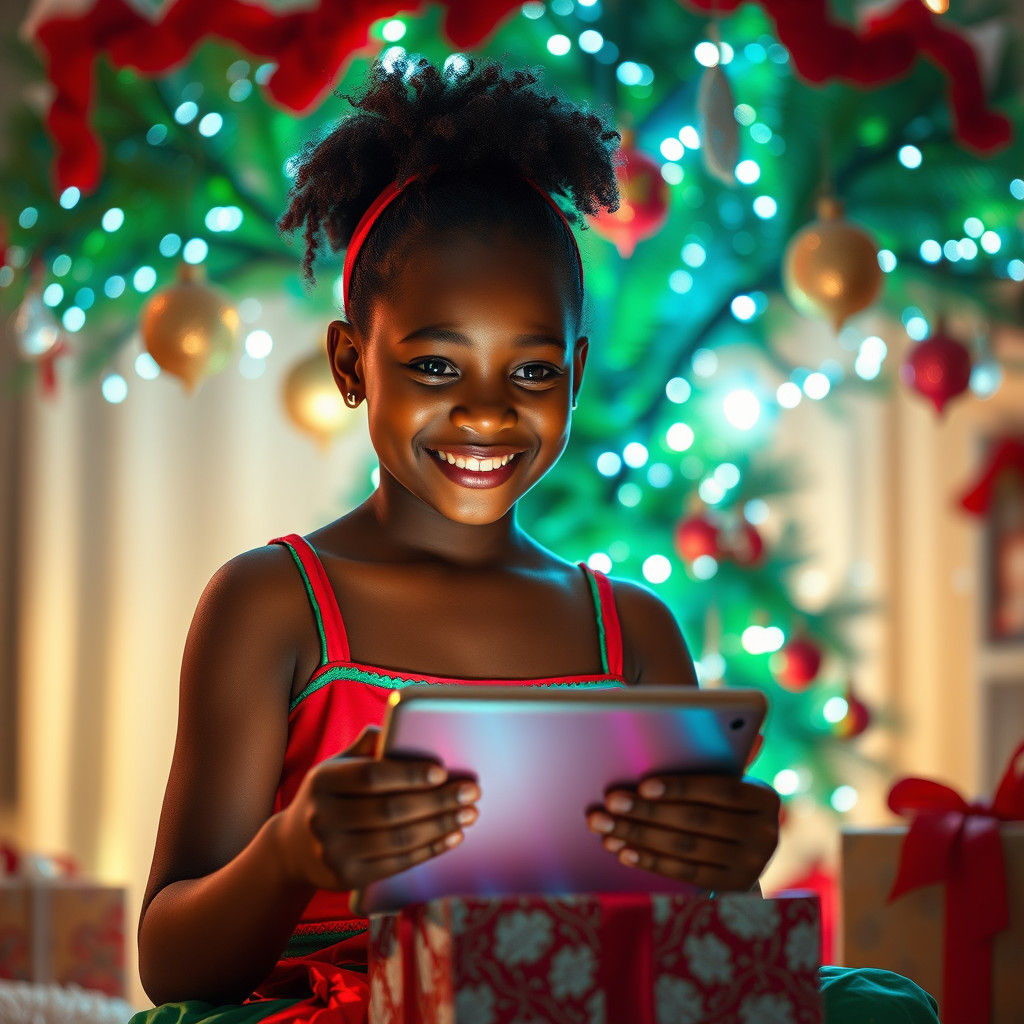 Joyful Child with Tablet in Fantasy Christmas Scene