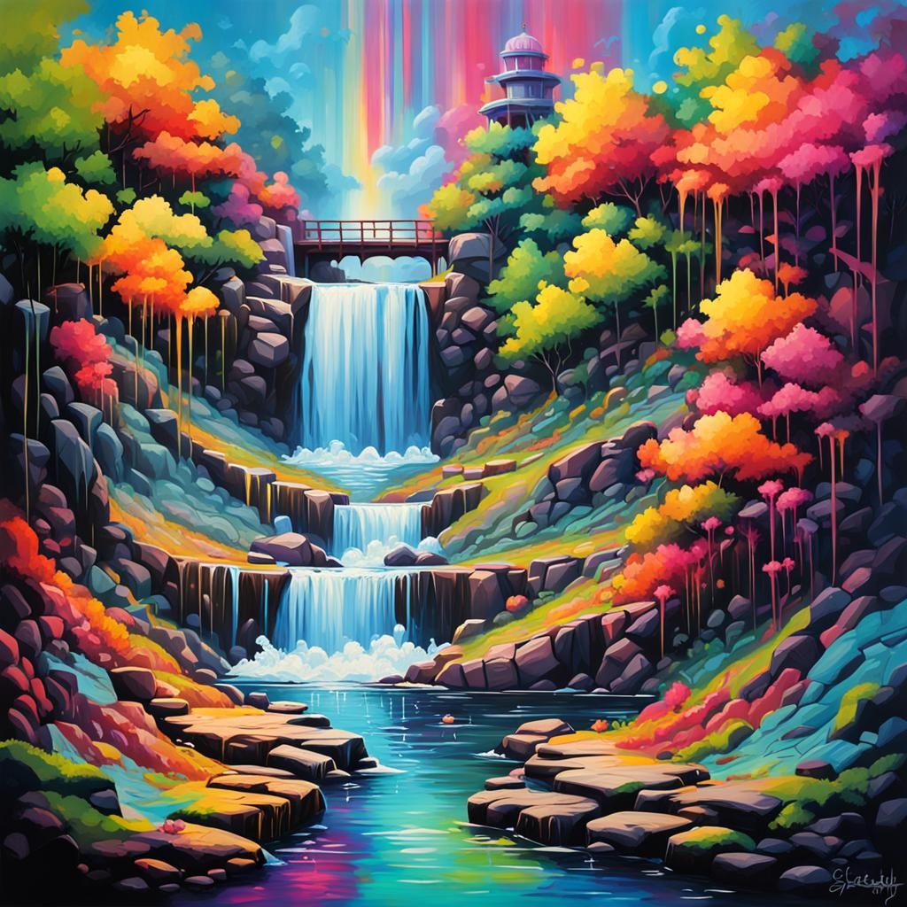Vivid Graffiti Art of Waterfalls and Rapids