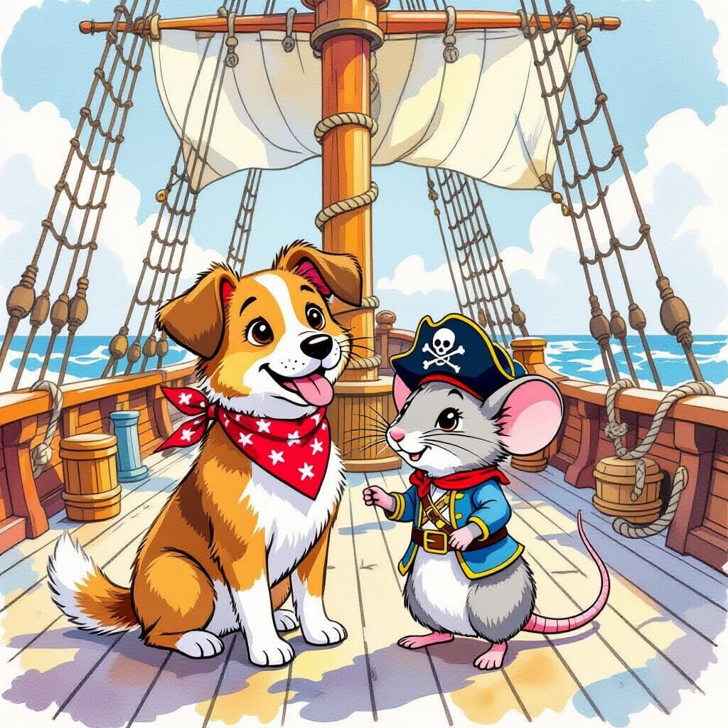 Dog and Mouse Pirates in Whimsical Style