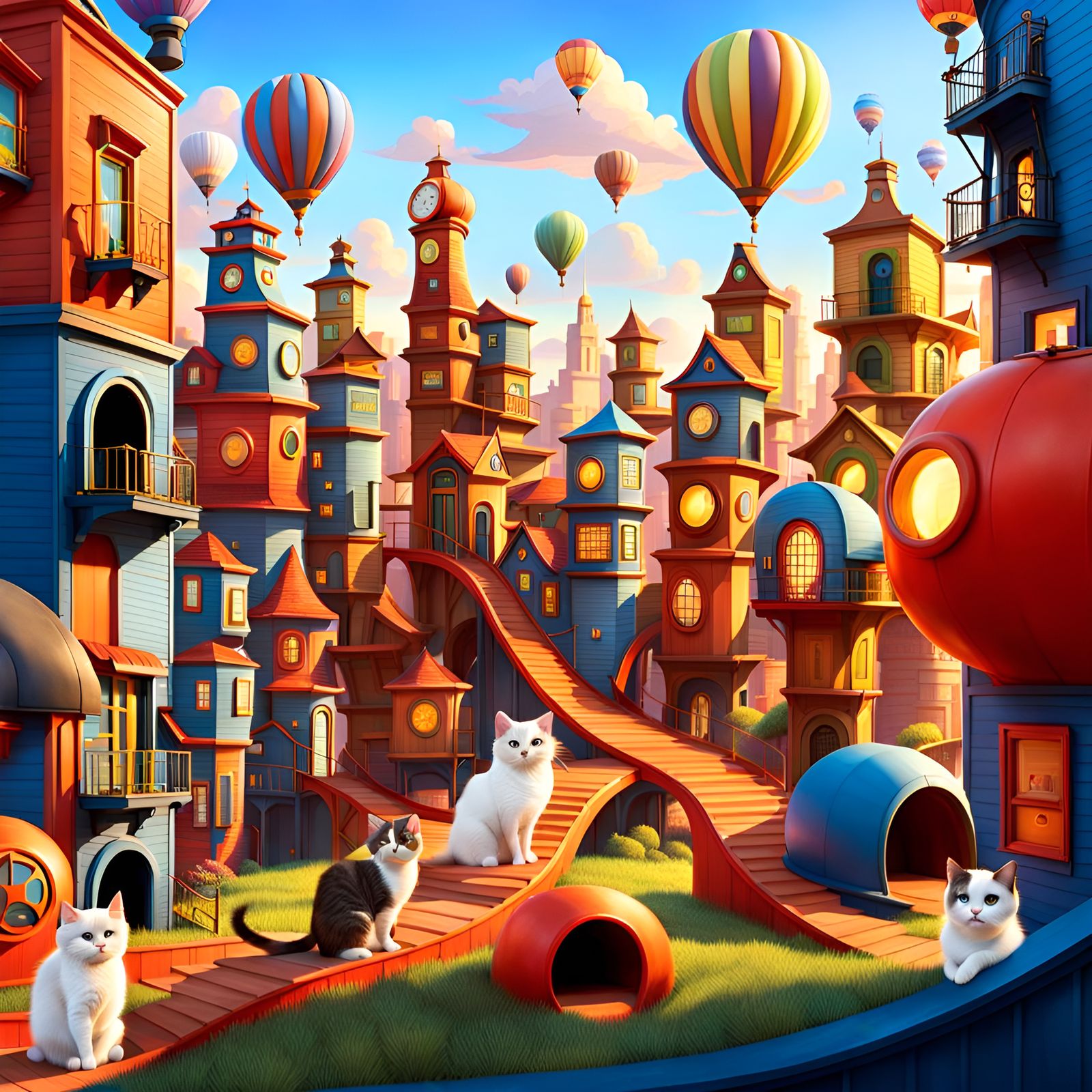 Pixar Cats in Colorful Outdoor Cityscape