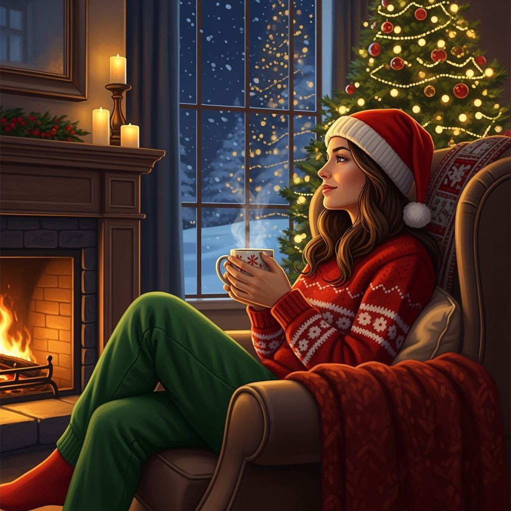 Cozy Christmas Living Room with Serene Woman by Fireplace