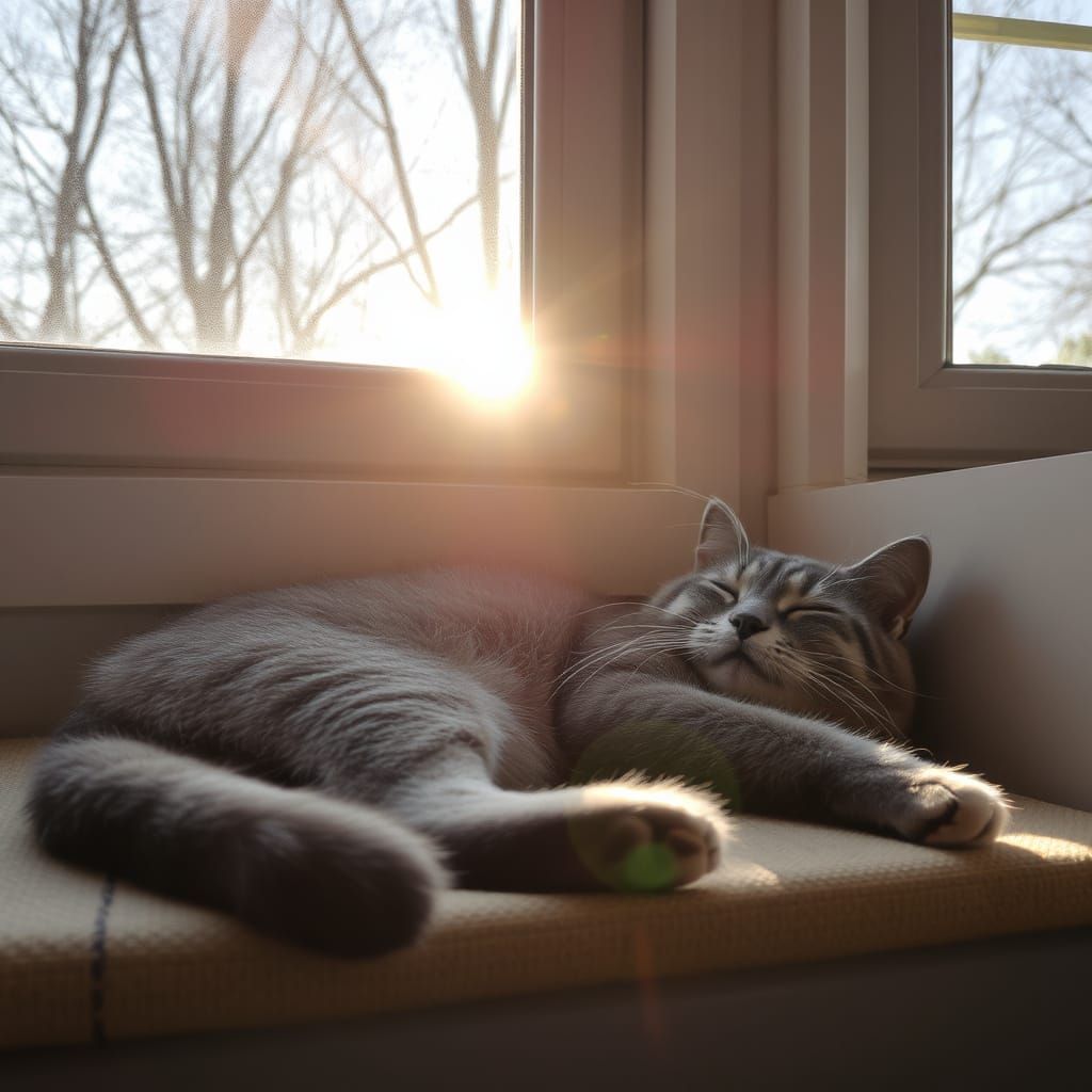 Elder Grey Cat Basks in Warm Sunbeams