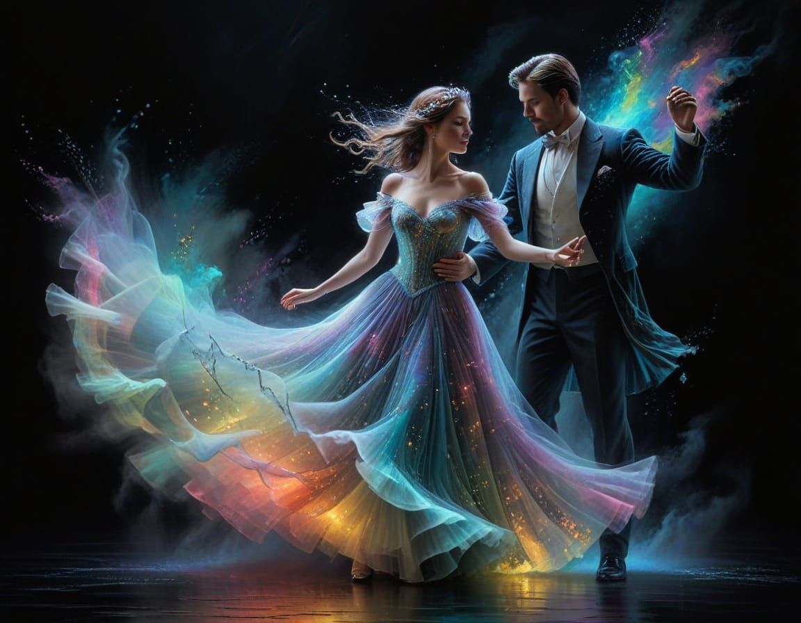 Ethereal Woman Dancing in Pastel Neon Rainbow Mist