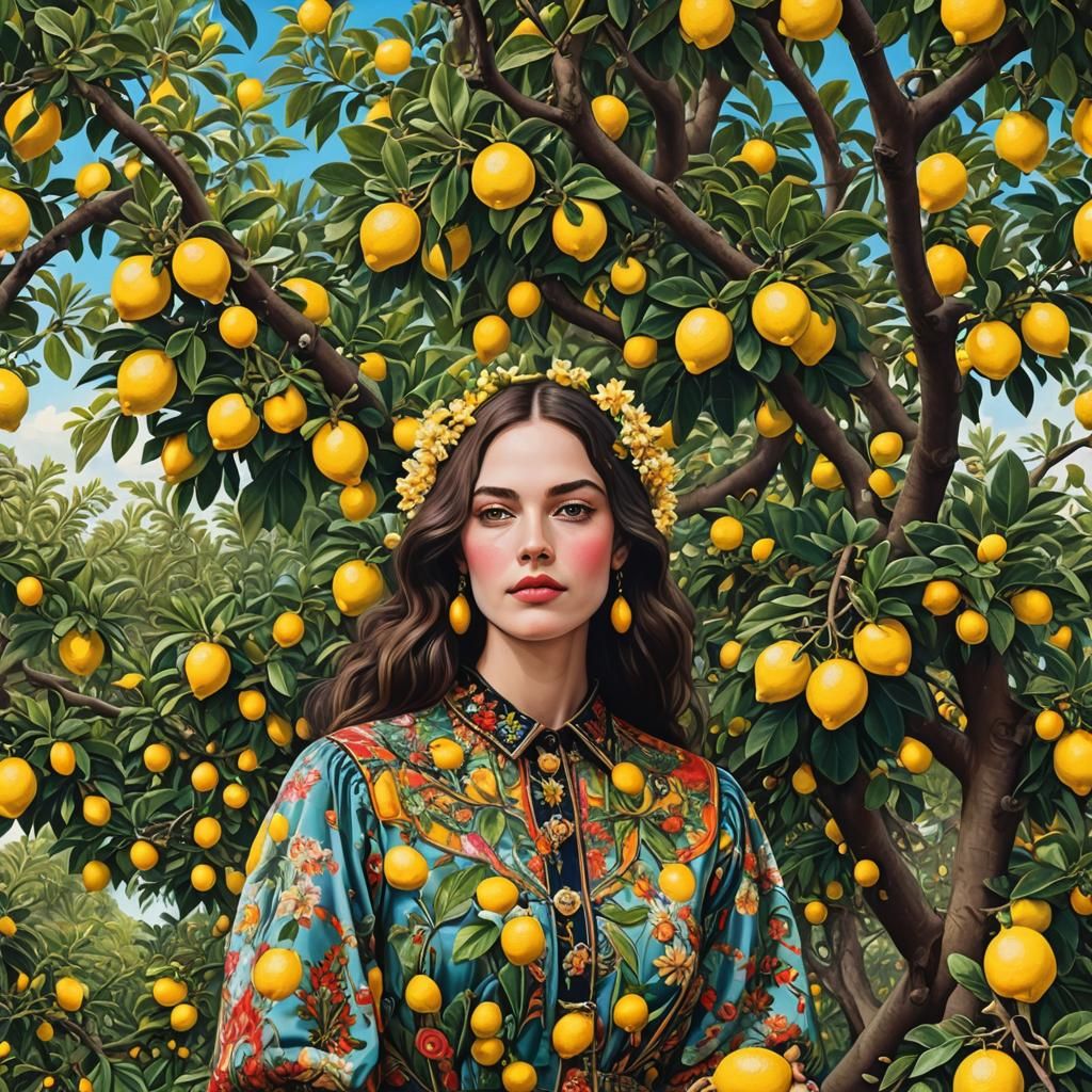 Hyperrealistic Girl Beneath a Lemon Tree