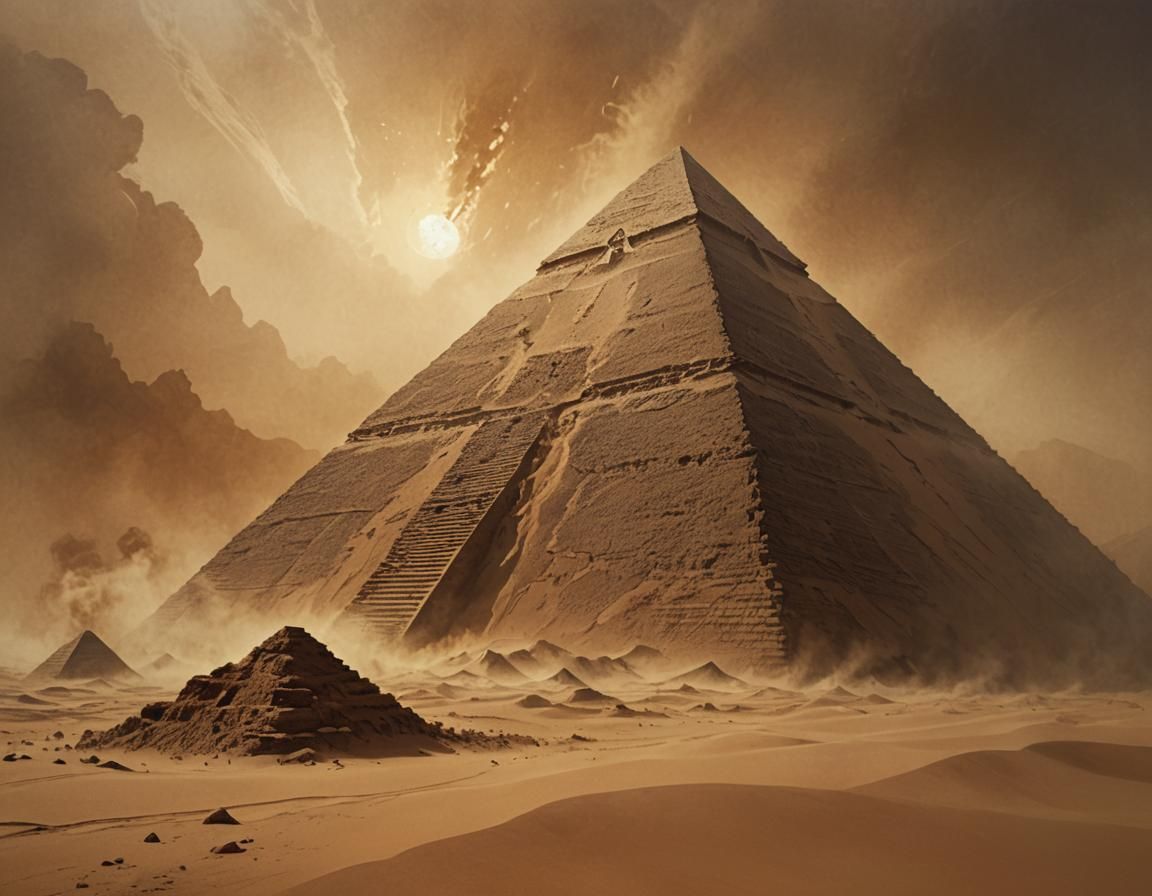 Pyramid Emerges from Sandstorm in Oil Painting Style
