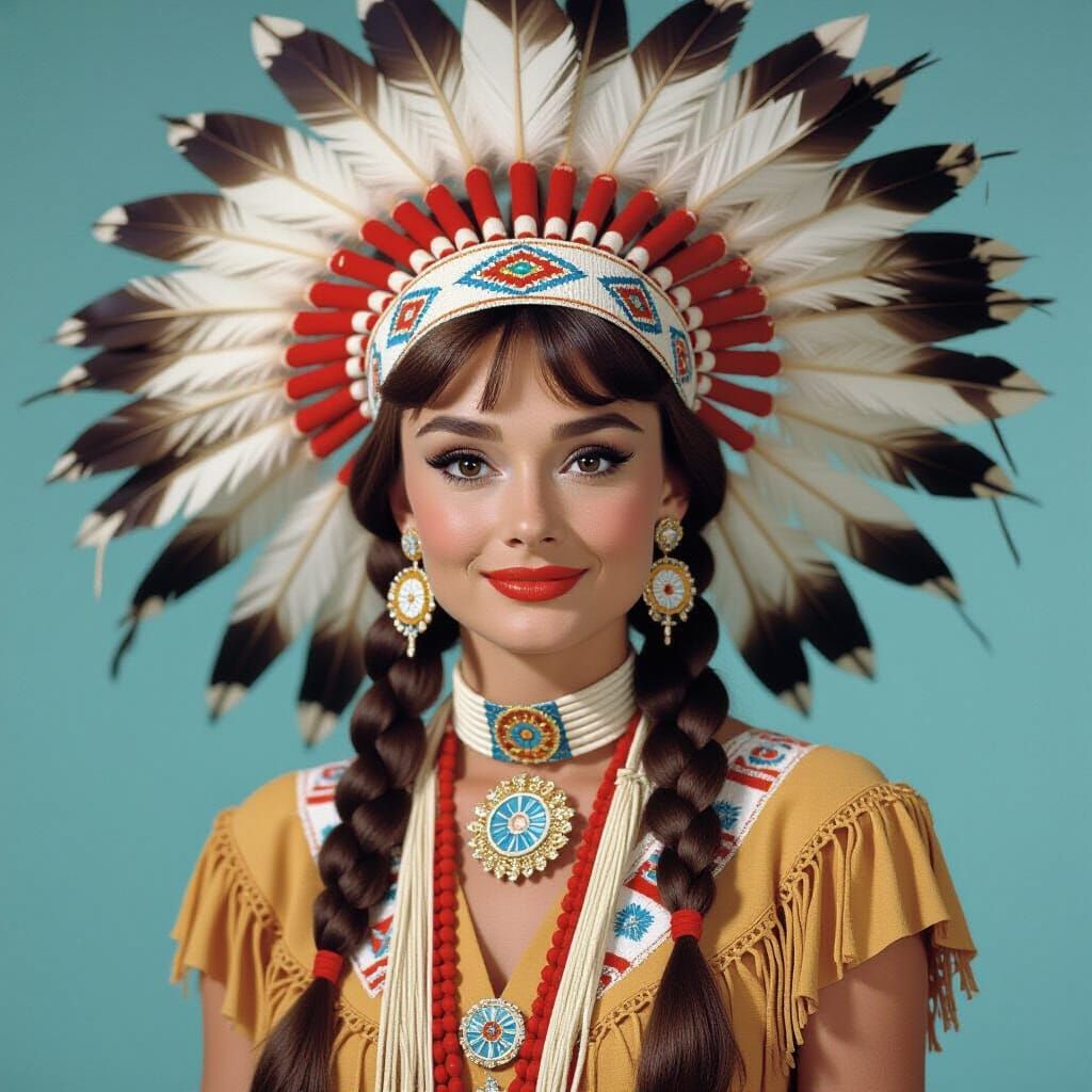 Audrey Hepburn as American Indian Maiden with Feathers