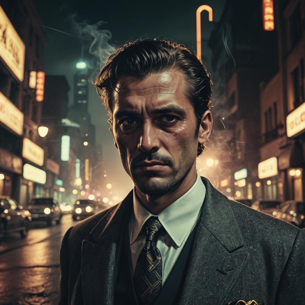 Neo Noir Gangster Portrait with Cigar and Cityscape