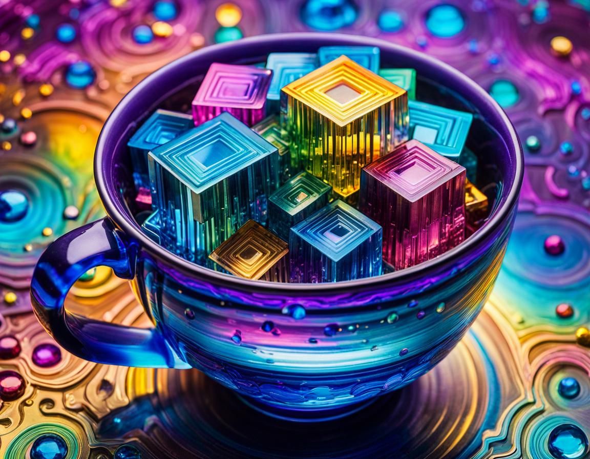 Bismuth Crystal Maze in Teacup, Watercolor Painting