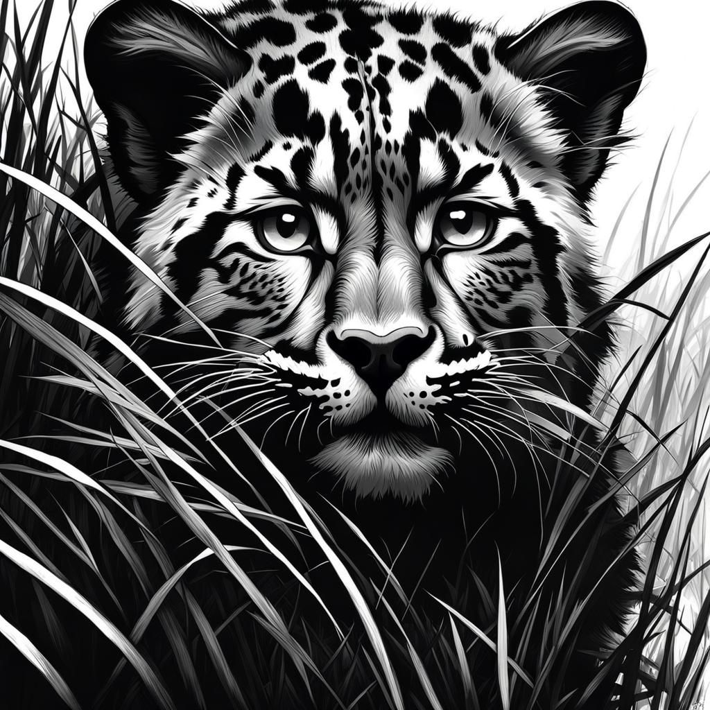Cute Black and White Panther Portrait, Hyperdetailed Sketch