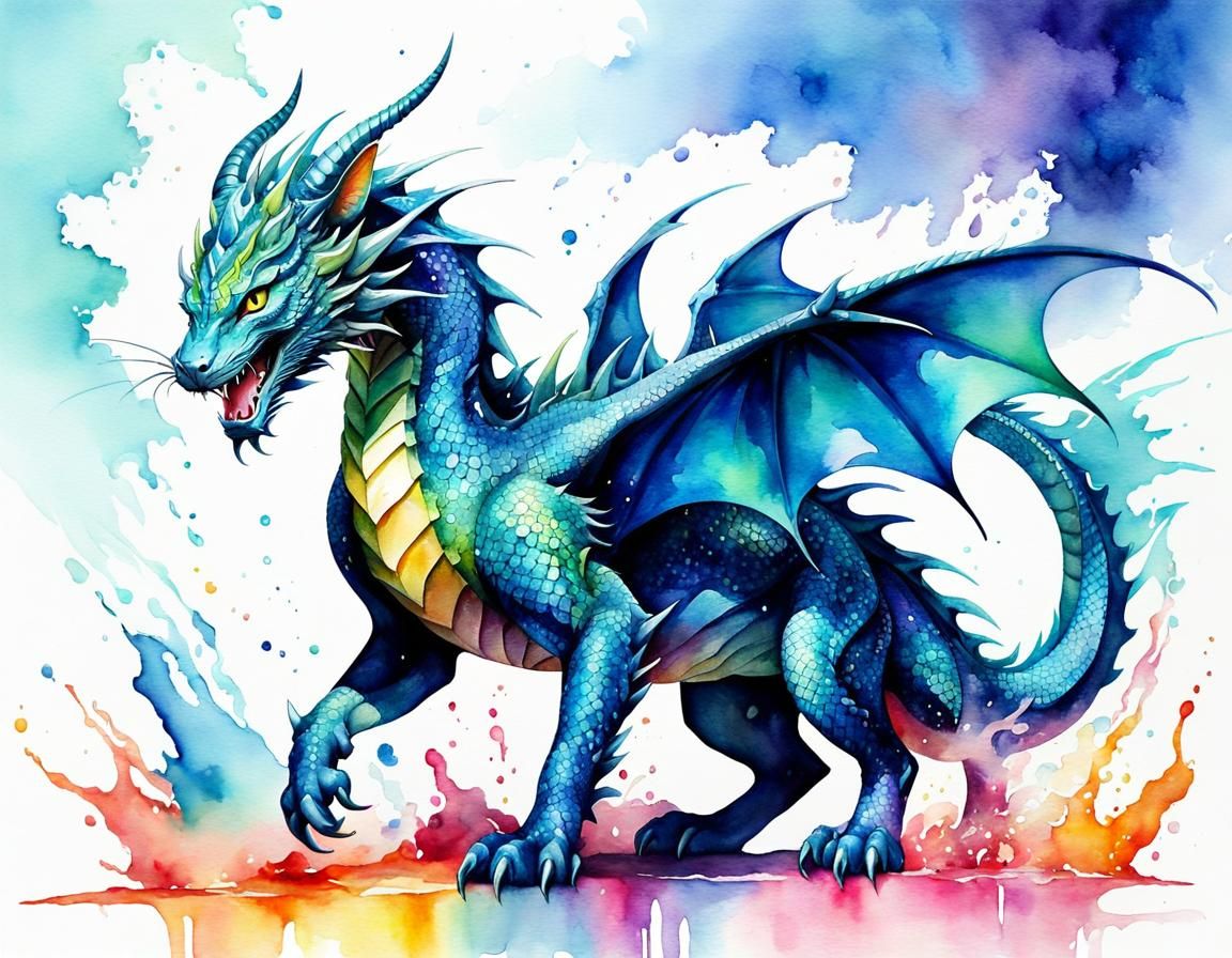 Technocore Glasspunk Dragon-Cat in Watercolor Style
