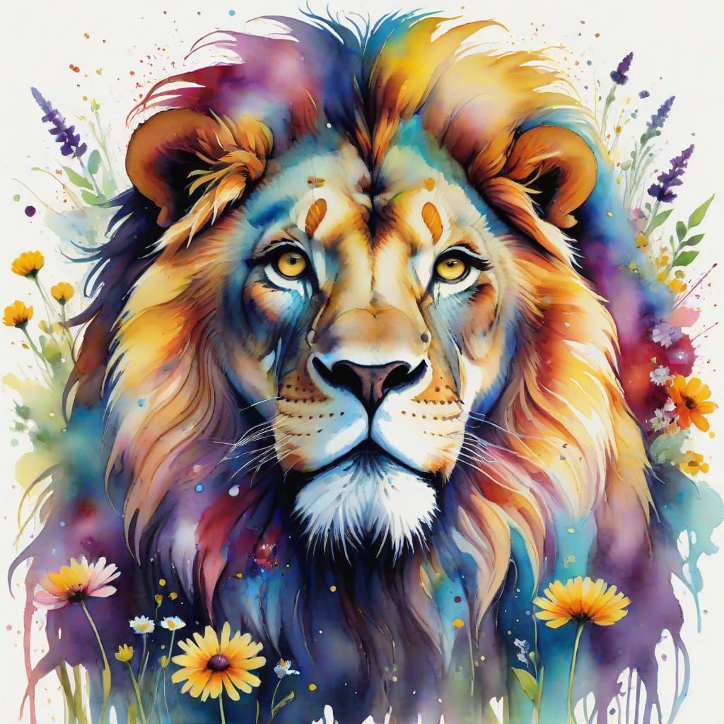 Lion with Wildflower Mane, Watercolor Art