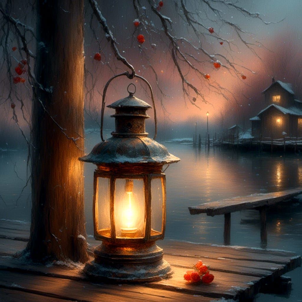 Lantern's Gentle Glow on Wooden Dock