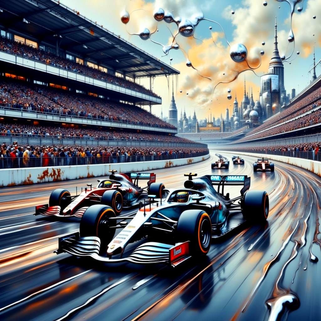 Surreal Formula One Race at Montreal in Oil Painting Style