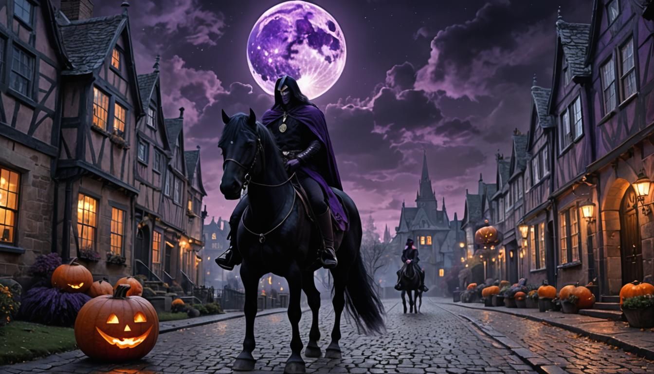Headless Huntsman with Pumpkin Head on Friesian Horse